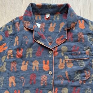 Rabbit Bunny All Over Print Pajama Top Women L Orange Grey Short Sleeves